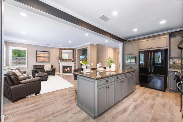 Fireplace, Interior, Kitchen, Living room, Recessed Lighting, Wood Texture Flooring