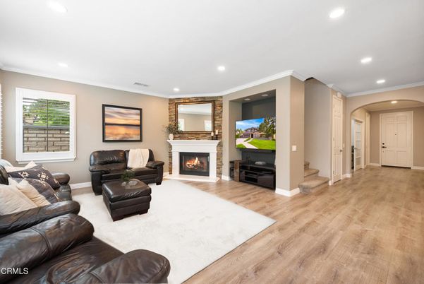 Fireplace, Interior, Living room, Recessed Lighting, Wood Texture Flooring