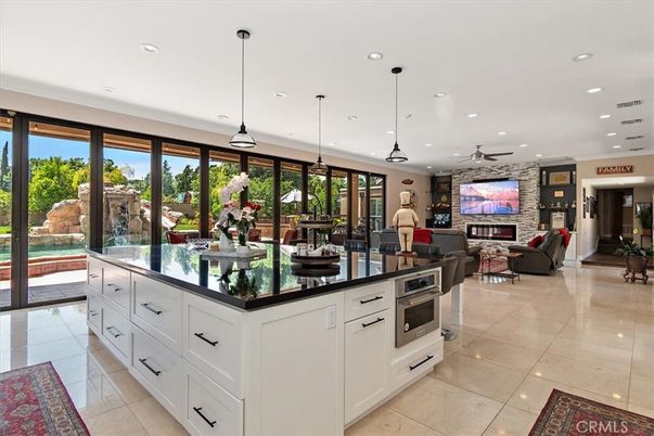 Dining room, Fireplace, Interior, Kitchen, Living room, Pendant Lights, Recessed Lighting, Stone Walls