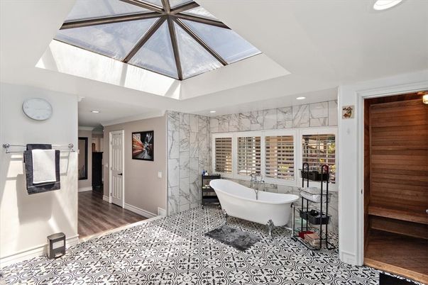 Bathroom, Free Standing Baths, Glass Ceilings, Interior, Marble Walls, Recessed Lighting, Wooden Ceilings, Wood Texture Flooring, Wooden Walls