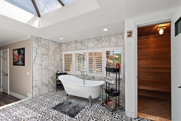 Bathroom, Free Standing Baths, Interior, Marble Walls, Recessed Lighting, Wooden Walls