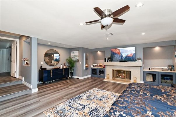 Fireplace, Interior, Recessed Lighting, Wood Texture Flooring