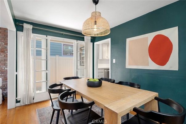 Dining room, Interior, Pendant Lights, Stone Walls, Wood Texture Flooring