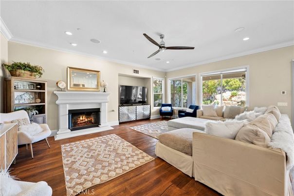 Fireplace, Interior, Living room, Recessed Lighting, Wood Texture Flooring