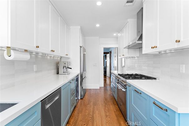 Interior, Kitchen, Recessed Lighting, Stainless Steel Appliances, Wood Texture Flooring