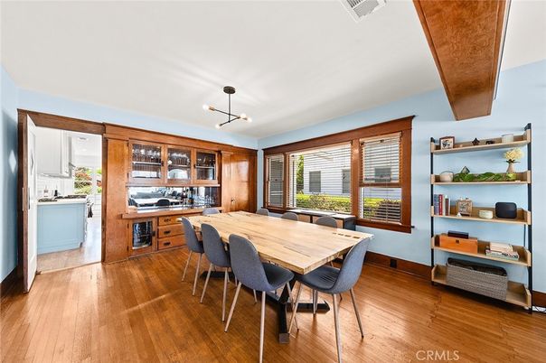 Dining room, Interior, Pendant Lights, Wood Texture Flooring