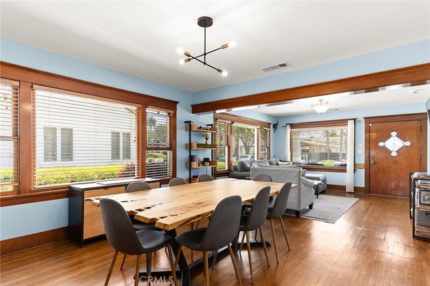 Dining room, Interior, Living room, Pendant Lights, Wood Texture Flooring