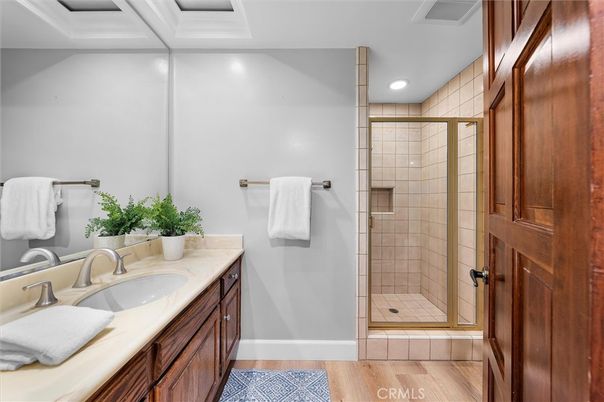 Bathroom, Glass Shower, Interior, Recessed Lighting, Wood Texture Flooring