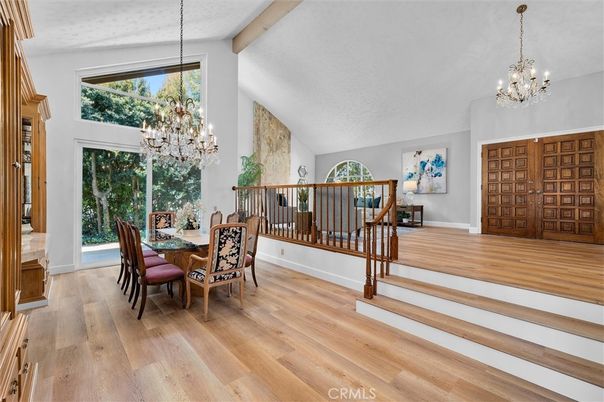 Chandelier, Dining room, Interior, Wooden Beams, Wood Texture Flooring