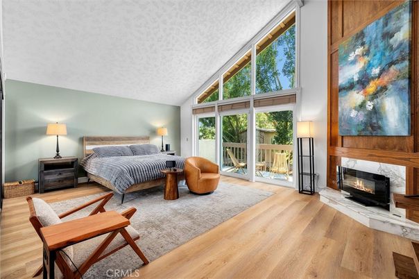 Bedroom, Fireplace, Interior, Wood Texture Flooring, Wooden Walls