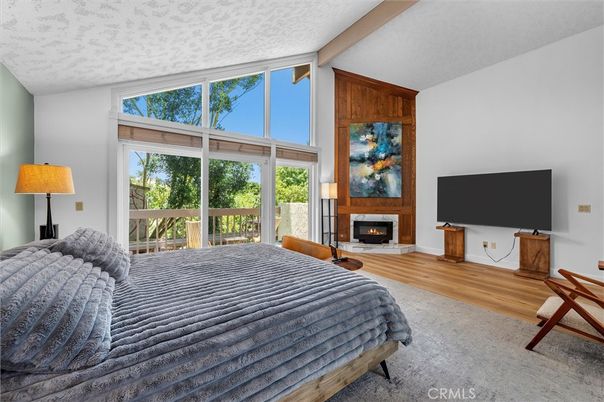 Bedroom, Fireplace, Interior, Wood Texture Flooring