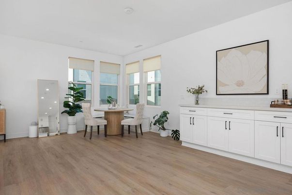 Dining room, Interior, Recessed Lighting, Wood Texture Flooring