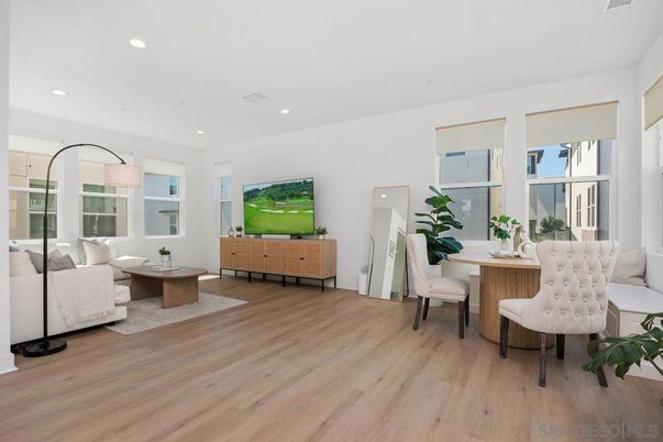Dining room, Interior, Living room, Recessed Lighting, Wood Texture Flooring