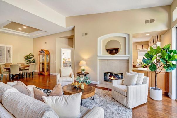 Dining room, Fireplace, Interior, Living room, Recessed Lighting, Wood Texture Flooring