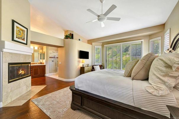 Bedroom, Fireplace, Interior, Wood Texture Flooring