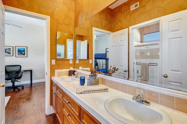 Bathroom, Dual Sink Vanities, Interior, Tile Countertops, Wood Texture Flooring