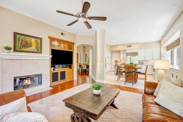 Dining room, Fireplace, Interior, Kitchen, Living room, Recessed Lighting, Wood Texture Flooring