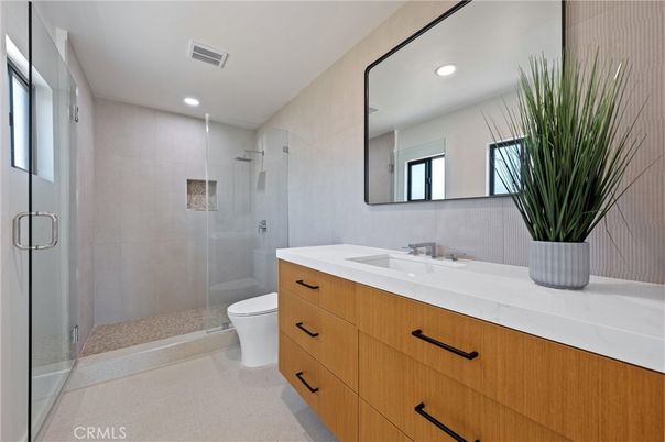Bathroom, Dual Sink Vanities, Glass Shower, Interior, Recessed Lighting
