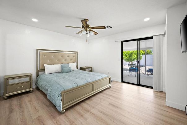 Bedroom, Interior, Recessed Lighting, Wood Texture Flooring