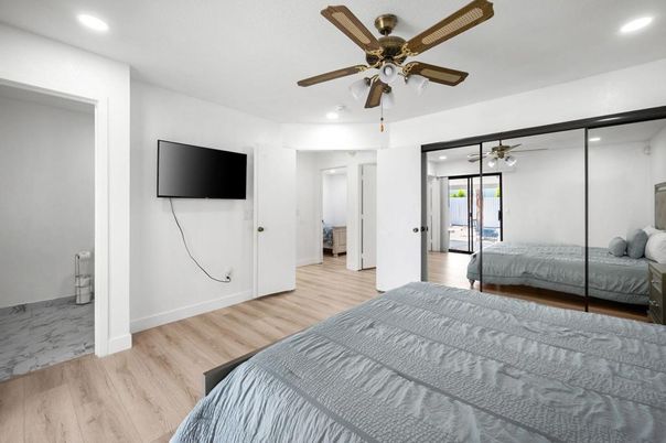 Bedroom, Interior, Marble, Recessed Lighting, Wood Texture Flooring