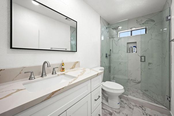Bathroom, Glass Shower, Interior, Marble, Marble Walls, Recessed Lighting
