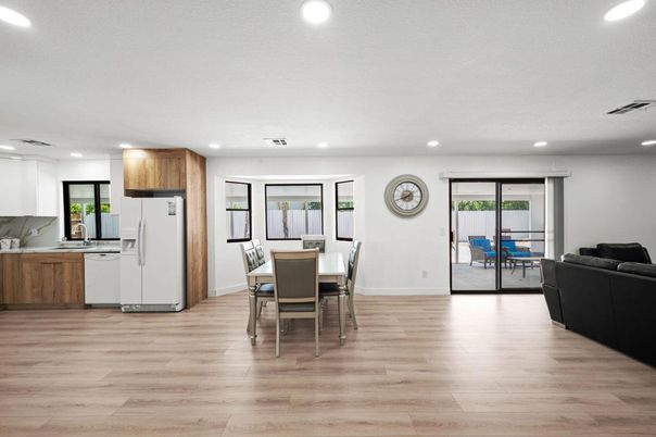 Dining room, Interior, Kitchen, Living room, Recessed Lighting, Wood Texture Flooring