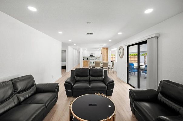 Dining room, Interior, Kitchen, Living room, Recessed Lighting, Wood Texture Flooring