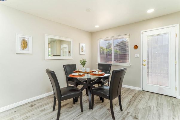 Dining room, Interior, Recessed Lighting, Wood Texture Flooring