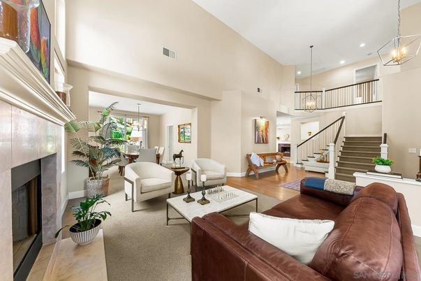 Dining room, Fireplace, Interior, Living room, Pendant Lights, Recessed Lighting, Wood Texture Flooring