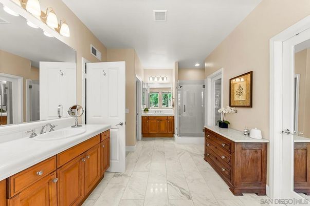 Bathroom, Dual Sink Vanities, Glass Shower, Interior, Marble, Recessed Lighting