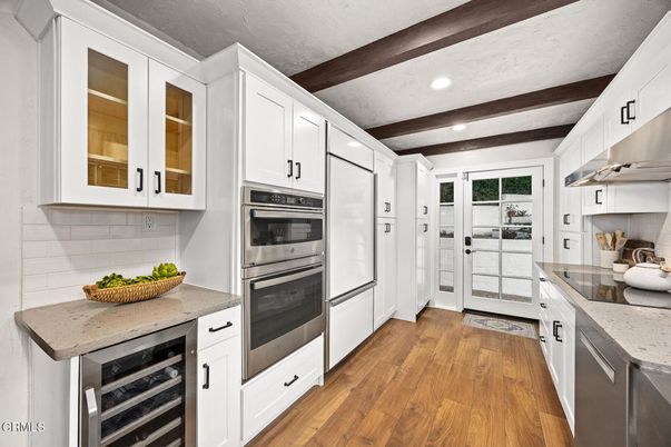Interior, Kitchen, Recessed Lighting, Stainless Steel Appliances, Wooden Beams, Wood Texture Flooring