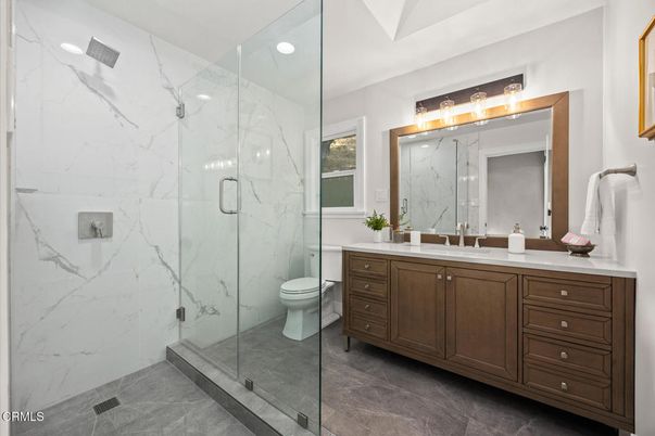 Bathroom, Glass Shower, Interior, Marble Walls, Recessed Lighting