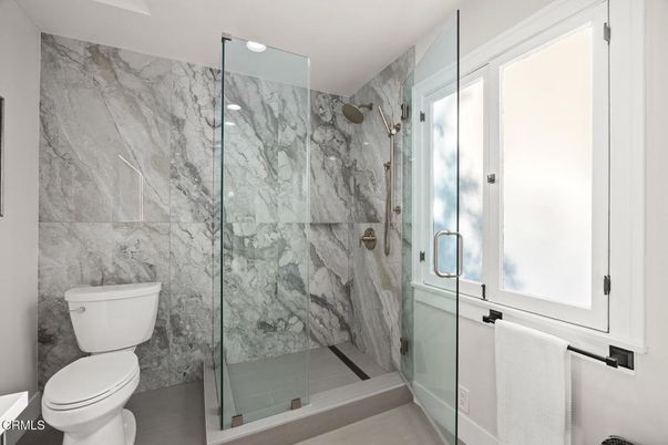 Bathroom, Glass Shower, Interior, Marble Walls, Recessed Lighting