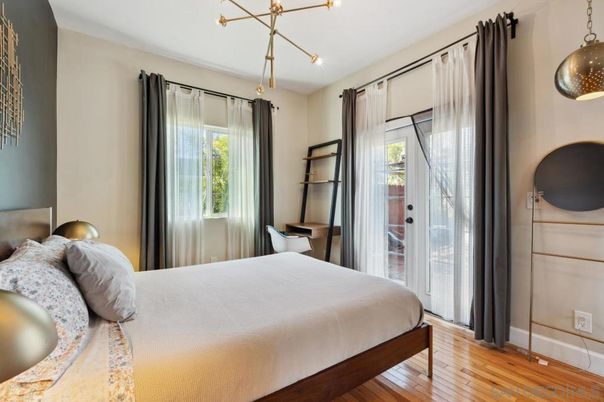 Bedroom, Interior, Pendant Lights, Wood Texture Flooring