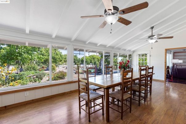 Dining room, Interior, Sun Room, Wood Texture Flooring