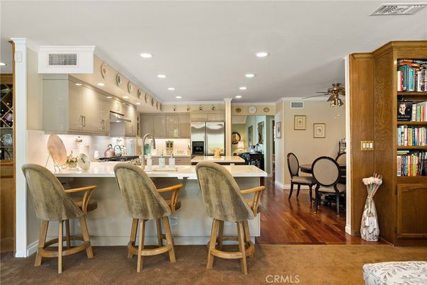 Dining room, Interior, Kitchen, Recessed Lighting, Stainless Steel Appliances, Wood Texture Flooring