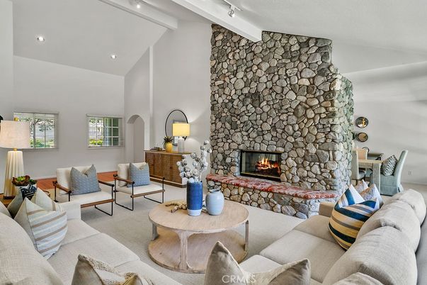 Fireplace, Interior, Living room, Recessed Lighting, Stone Walls