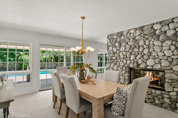 Chandelier, Dining room, Fireplace, Interior, Stone Walls