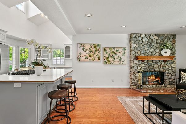 Fireplace, Interior, Recessed Lighting, Stone Walls, Wood Texture Flooring