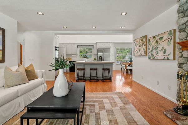 Dining room, Interior, Kitchen, Living room, Recessed Lighting, Stone Walls, Wood Texture Flooring