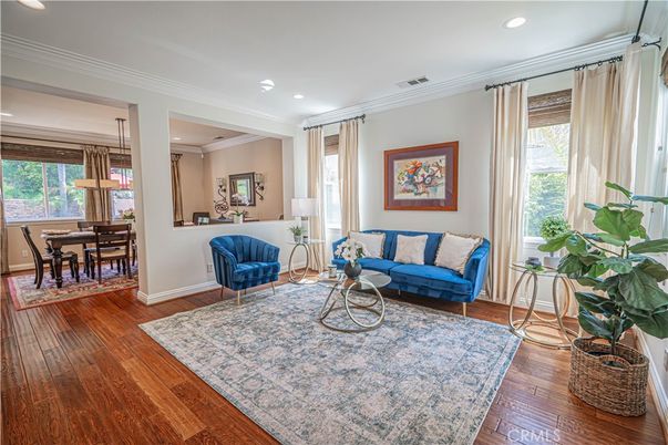 Dining room, Interior, Living room, Pendant Lights, Recessed Lighting, Wood Texture Flooring