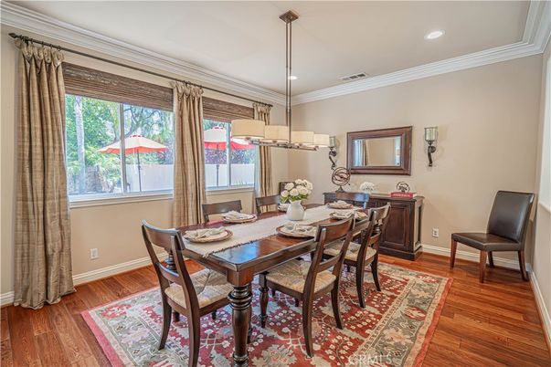 Dining room, Interior, Pendant Lights, Recessed Lighting, Wood Texture Flooring