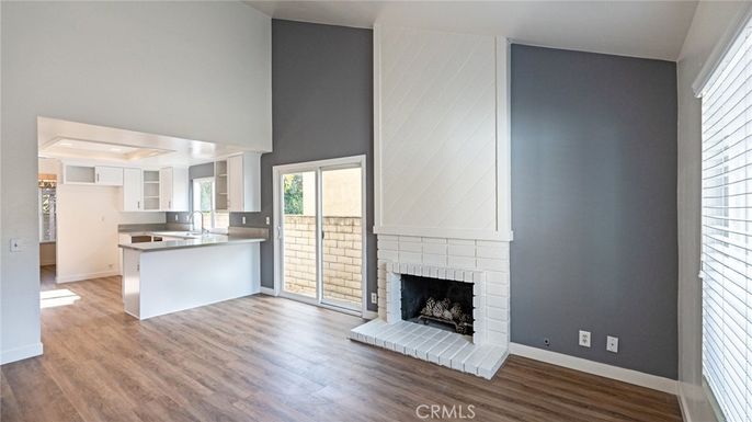 Empty room, Fireplace, Interior, Kitchen, Wood Texture Flooring