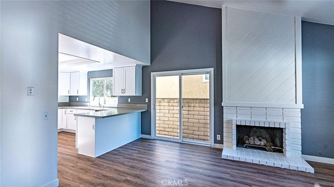Empty room, Fireplace, Interior, Kitchen, Wood Texture Flooring