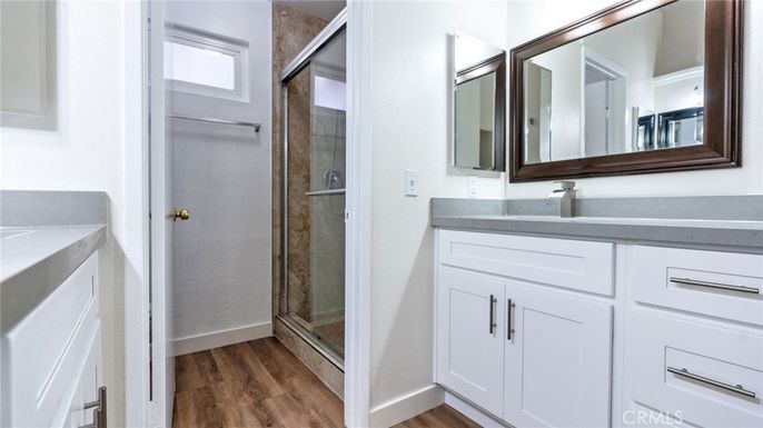 Bathroom, Glass Shower, Interior, Wood Texture Flooring