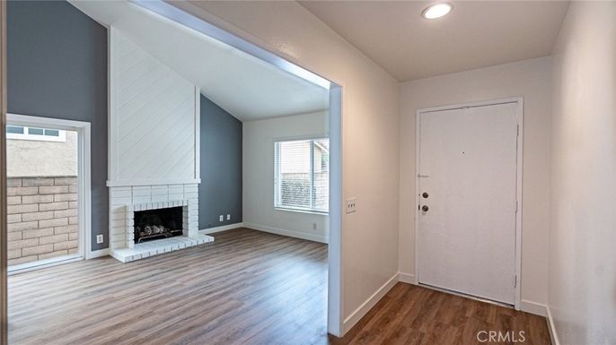Empty room, Fireplace, Interior, Recessed Lighting, Wood Texture Flooring