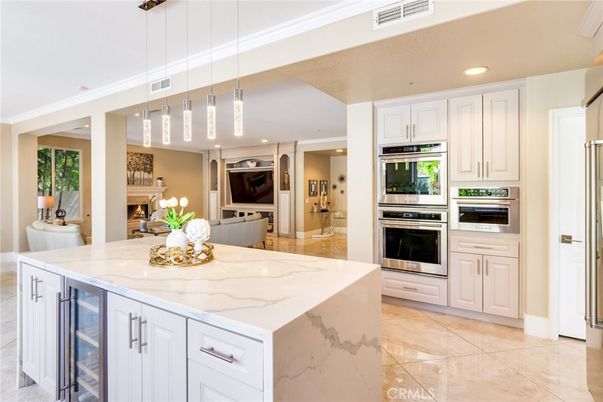 Fireplace, Interior, Kitchen, Pendant Lights, Recessed Lighting, Stainless Steel Appliances