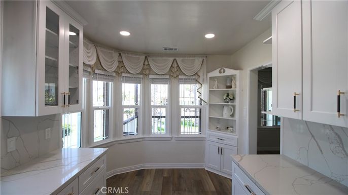 Interior, Kitchen, Marble Walls, Recessed Lighting, Wood Texture Flooring