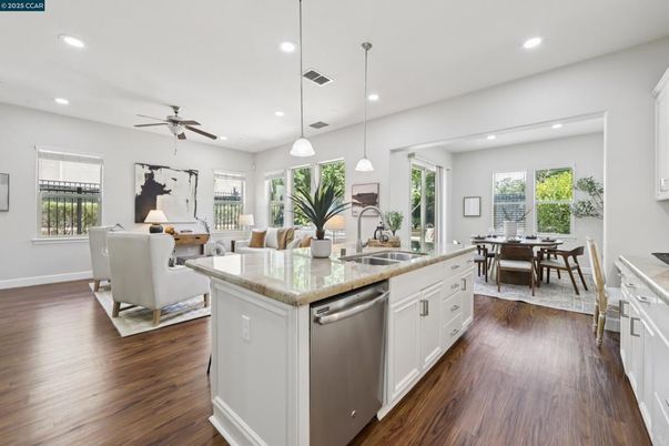 Dining room, Interior, Kitchen, Living room, Pendant Lights, Recessed Lighting, Wood Texture Flooring
