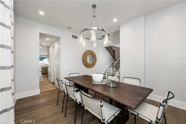 Dining room, Interior, Pendant Lights, Recessed Lighting, Wood Texture Flooring